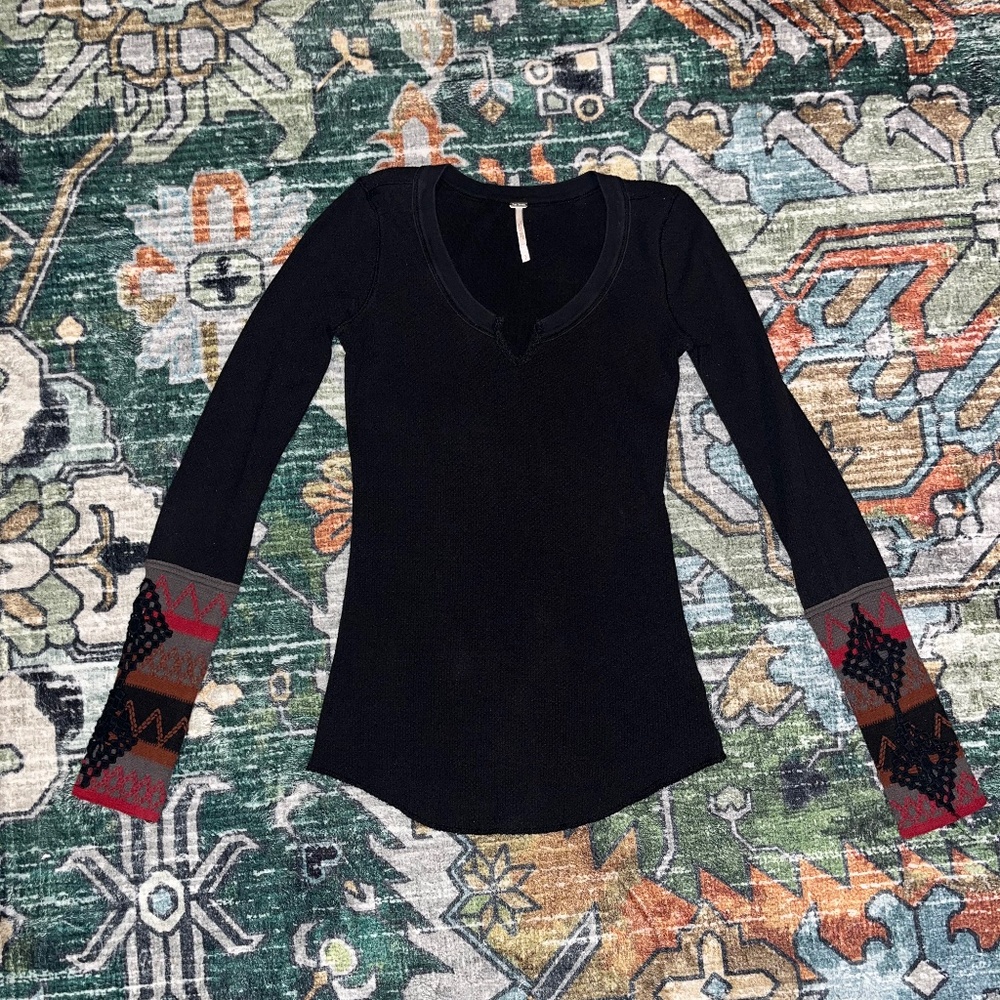 Navy Free People Waffle Knit Long Sleeve